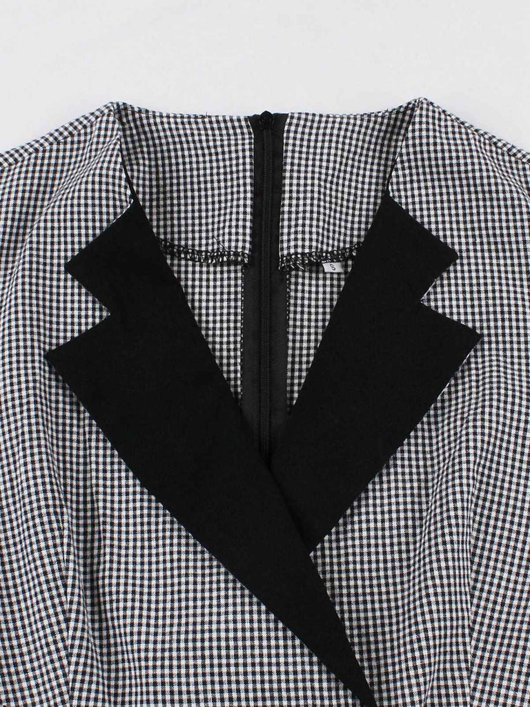 1950s Notched Collar Colorblock Gingham Plaid Dress