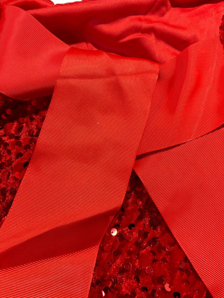 Red 1960s Sequined Bow Round Neck Long Sleeve Dress