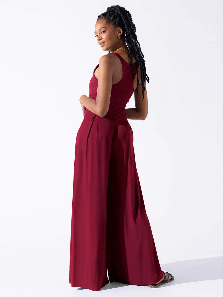 1950s Solid Square Neck Wide Strap Jumpsuit
