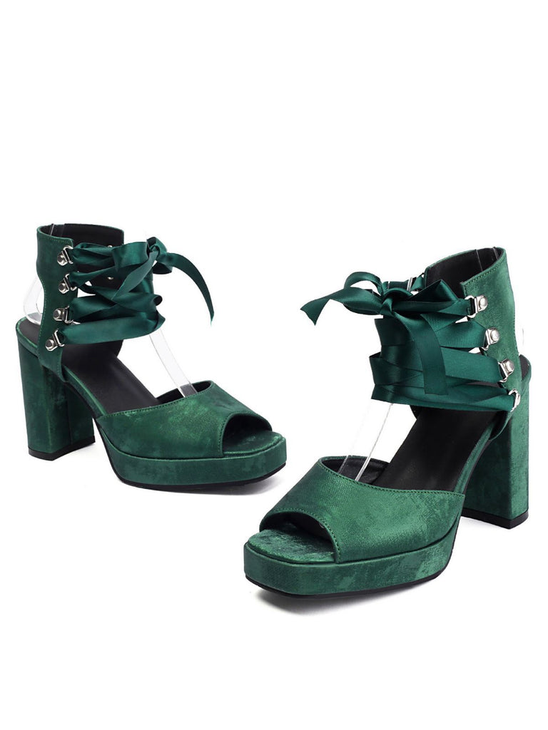 Ribbon Bow Lace-Up Chunky Heel Sandals