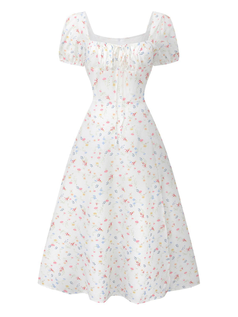 White 1930s Floral Square Neck Puff Sleeve Dress