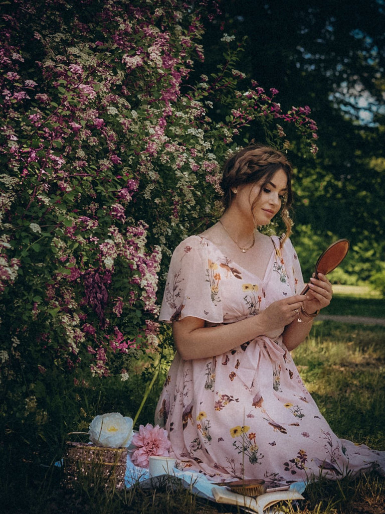 Pink Flowers And Birds Bowknot V-Neck Dress