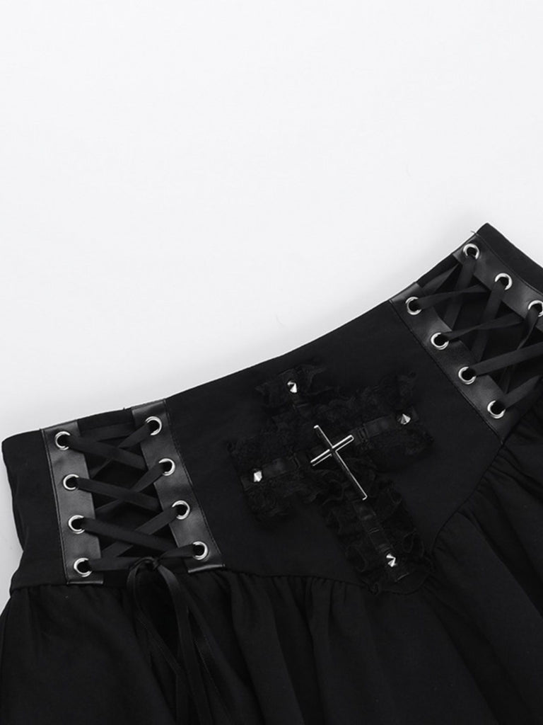 Black 1950s Lace-Up Cross Lace Skirt