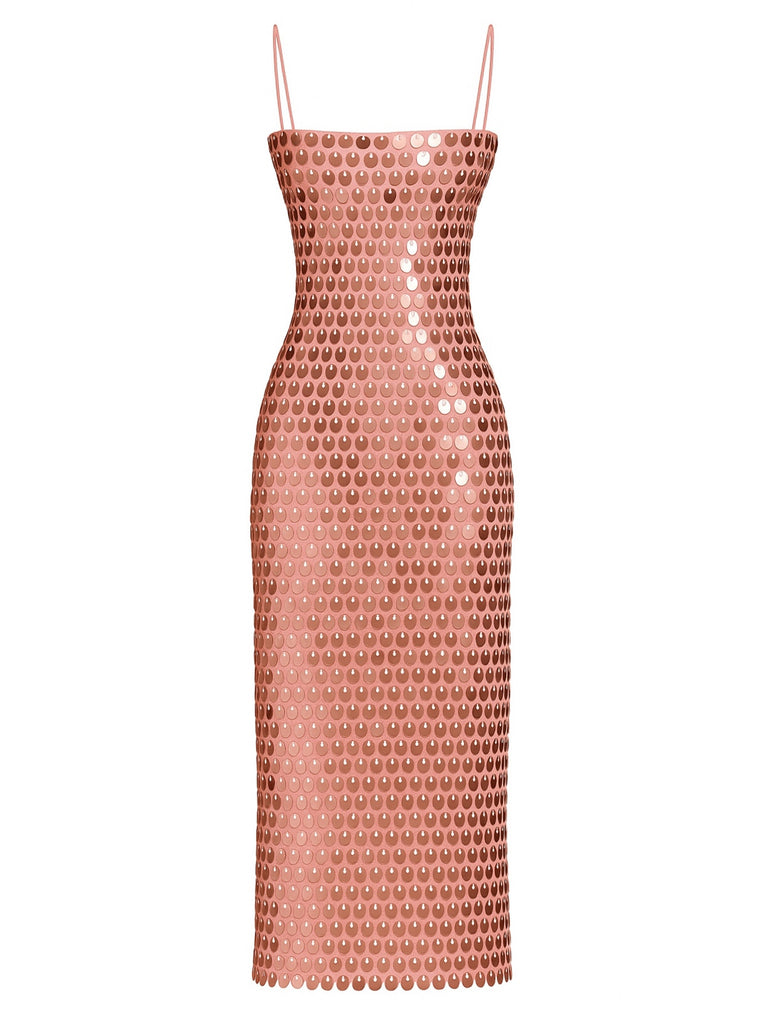 1930s Solid Sequined Back Slit Spaghetti Strap Dress