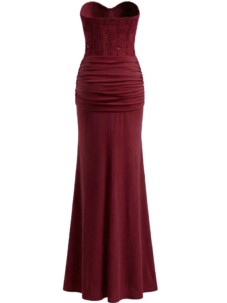 1930s Solid Lace-Up Strapless Maxi Dress