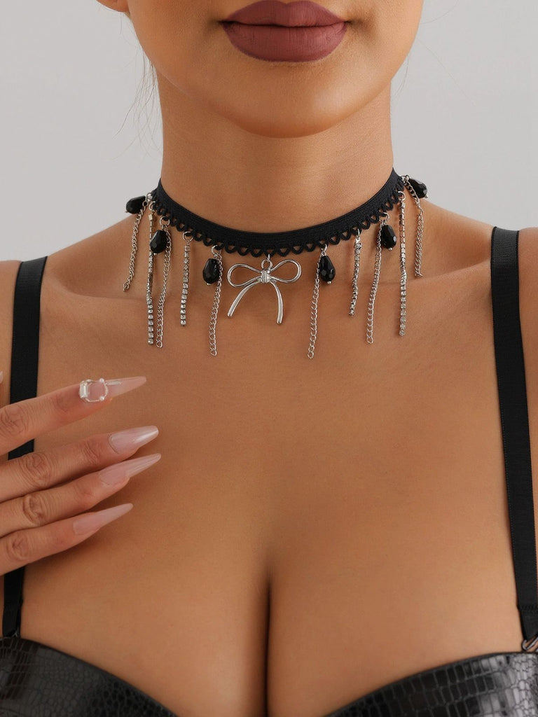 Vintage Gothic Chain Gemstone Bow Necklace