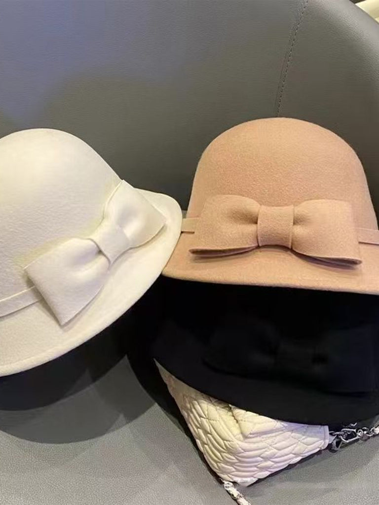 Vintage Solid Faux Wool Bowknot Cloche Hat