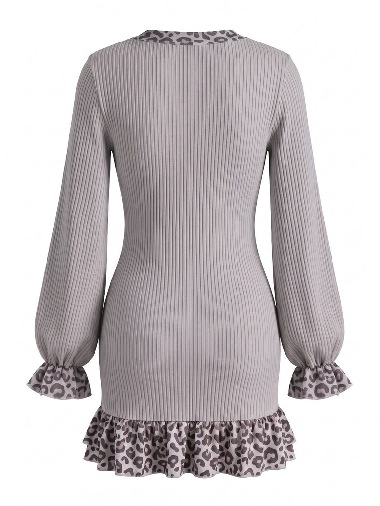 Leopard Knit Deep V Ruffle Mini Dress 3