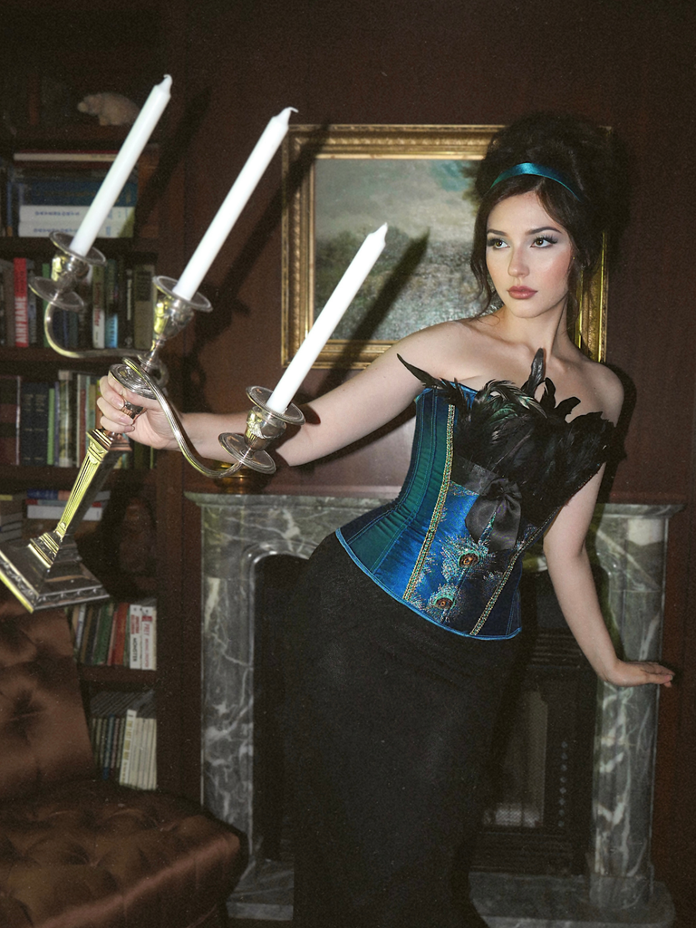 Teal 1930s Peacock Feather Embroidered Corset