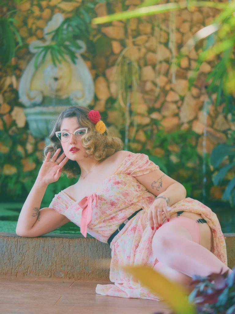 Pink 1950s Floral Sweetheart Neck Bow Dress