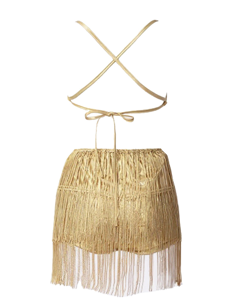 1920s Fringe Solid Backless Evening Dress