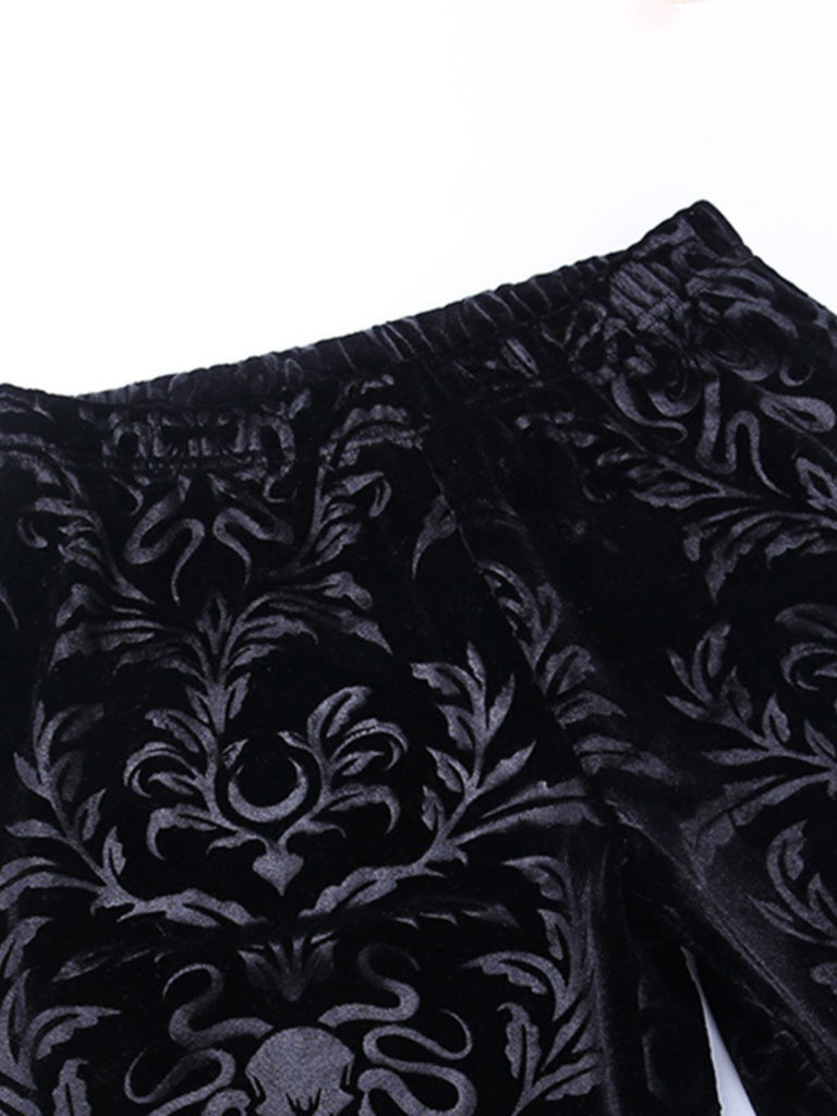 Black 1980s Punk Vine Print Velvet Bootcut Pants