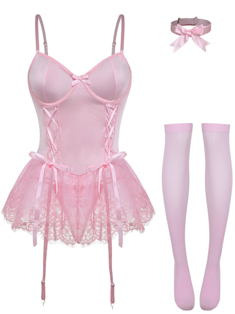 1960s Lace Trimmed Corset Bodysuit Set