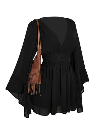 [Plus Size] Black 1980s Solid V-Neck Flare Dress