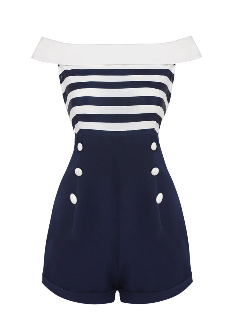 Navy Blue Patchwork Off-shoulder Striped Romper