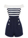 Navy Blue Patchwork Off-shoulder Striped Romper