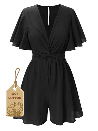 1950s Solid V-Neck Cotton Flounce Sleeve Romper