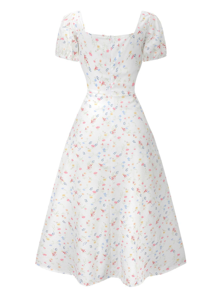 White 1930s Floral Square Neck Puff Sleeve Dress