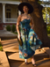 Blue 1950s Water Lily Sweetheart Strapless Dress