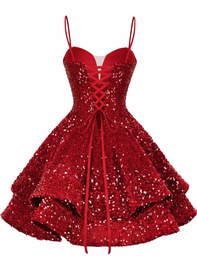 Red 1950s Sequin Deep V-Neck Lace-UP Mini Party Dress