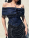 Dark Blue 1930s Halloween Off-Shoulder Lace Tassel Top