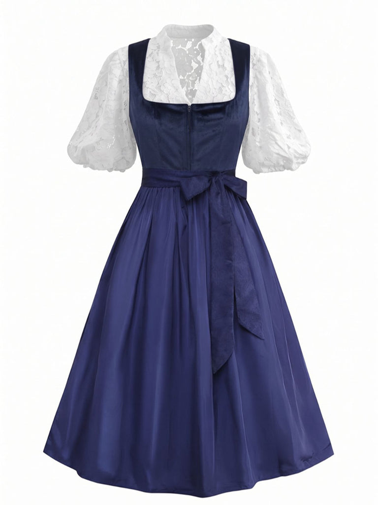3PCS Dark Blue 1950s Velvet Jacquard Dress & Apron & Lace Top