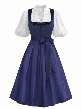 3PCS Dark Blue 1950s Velvet Jacquard Dress & Apron & Lace Top