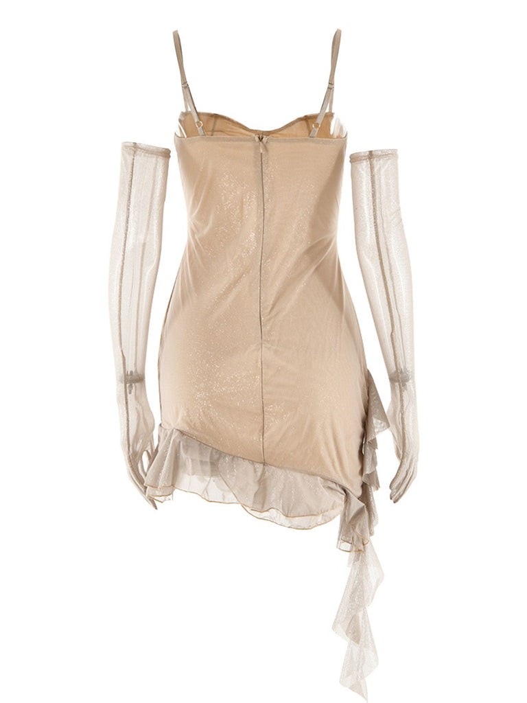 1980s Glitter Ruffled Spaghetti Strap Bodycon Dress