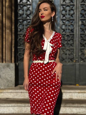 Red 1960s Polka Dots Tie Neck Dress