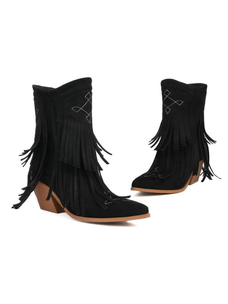 Vintage Tassel Mid Heel Flannelette Boots
