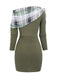 Olive Green 1960s Plaid Accent Button Detail Ribbed Dress