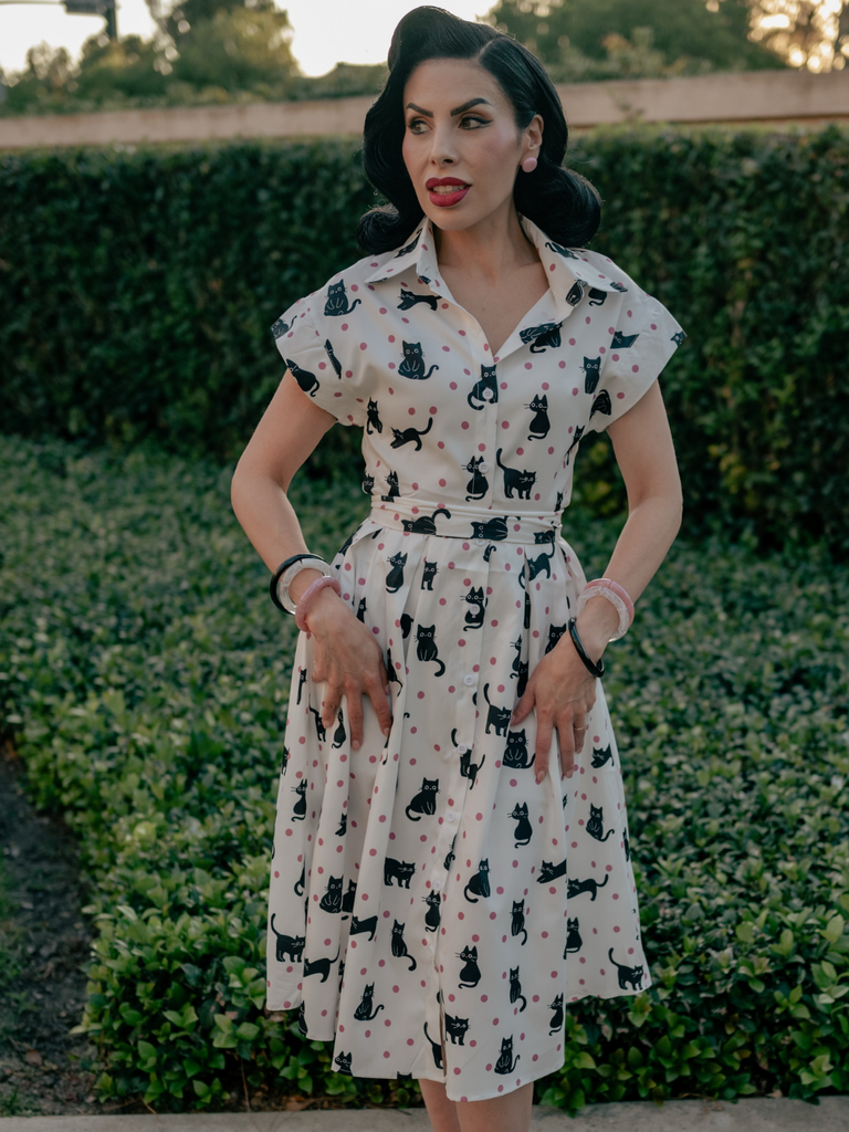 1950s Cat Polka Dot Belted Shirt Dress