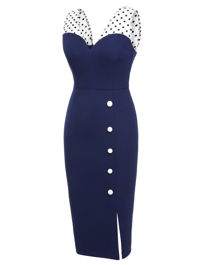 Dark Blue 1960s Patchwork Pencil Dress