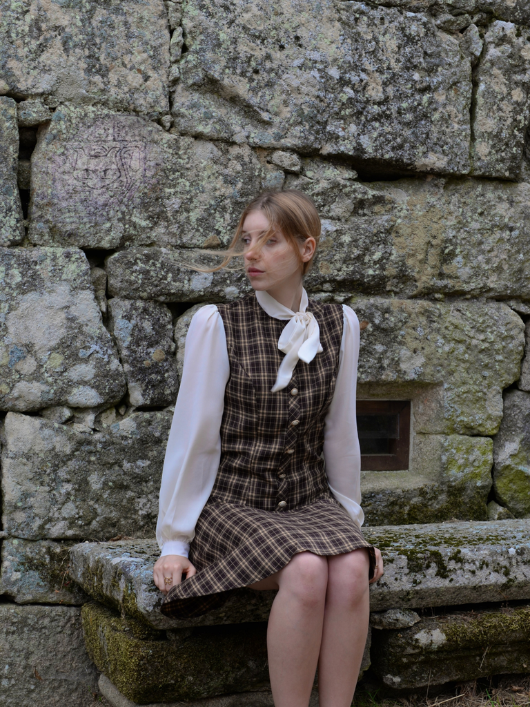 Brown 1960s Plaid Bow Tie Button Swing Dress