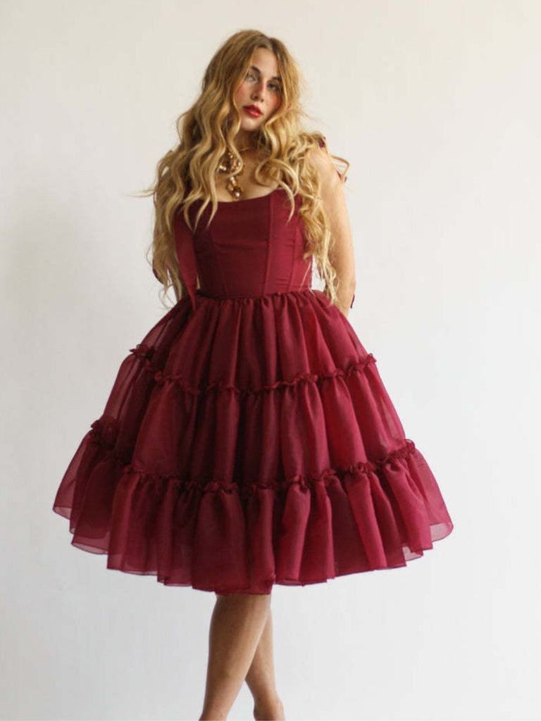 1950s Solid Multi-Layered Ruffle Tulle Dress