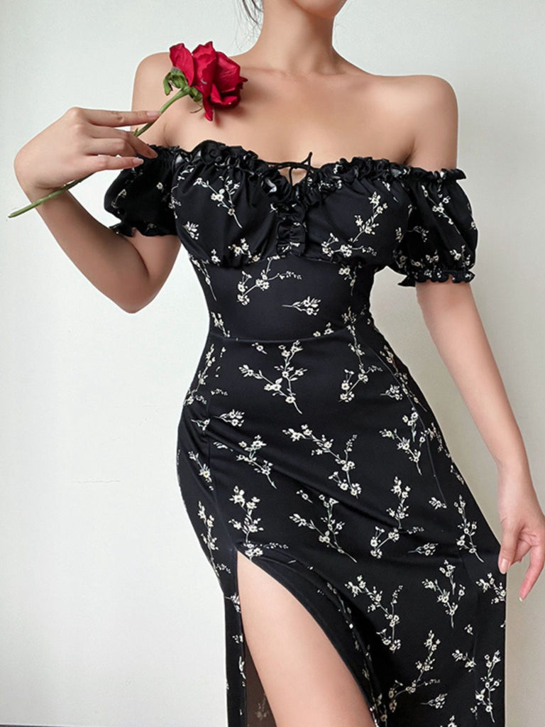 Black 1960s Side Slit Ditsy Floral Off-Shoulder Dress