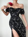 Black 1960s Side Slit Ditsy Floral Off-Shoulder Dress