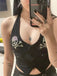 Black 1950s Punk Halter Rhinestone Skull Button Crop Top