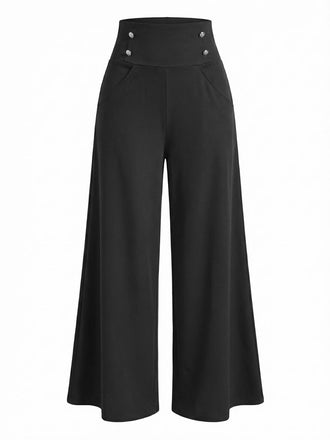 1950s Solid High Waist Double Breasted Wideleg Pants