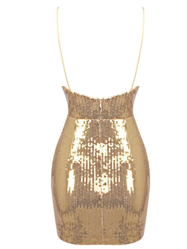 Gold 1970s Solid Sequined Mini Party Dress
