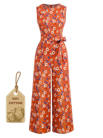 1950s Cotton Sleeveless All-Over Floral Belted Jumpsuit