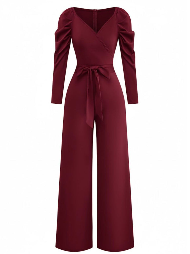 1930s Solid Ruched V-Neck Belted Jumpsuit