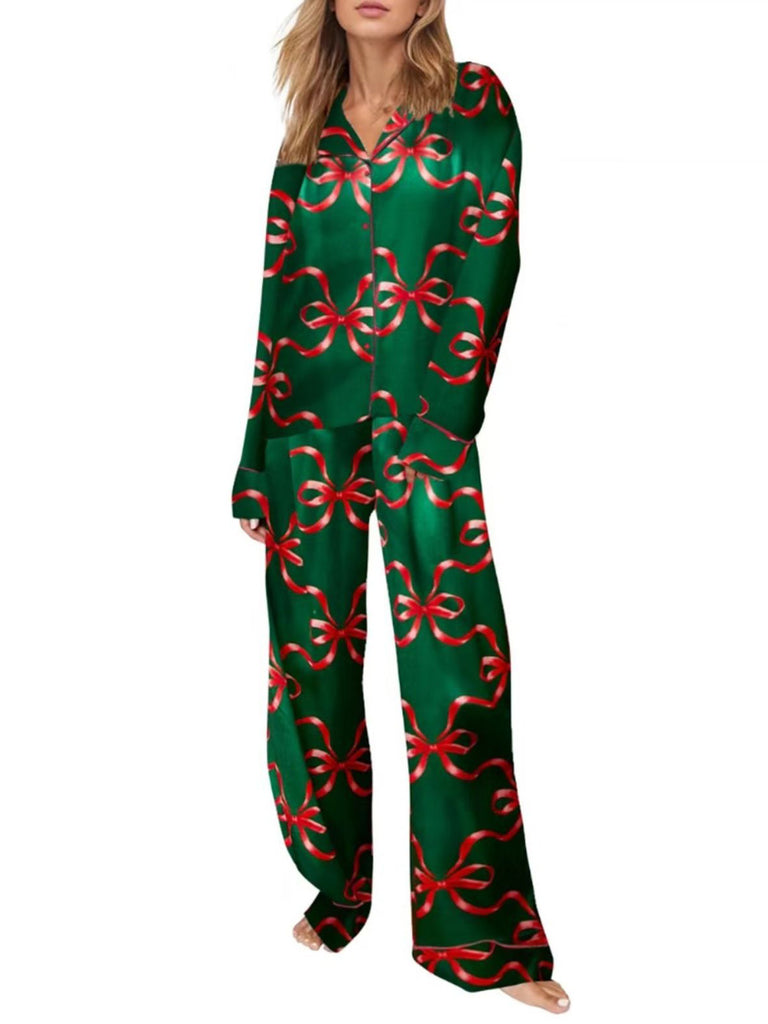 1980s Christmas Bow Print Lapel Pajama Set