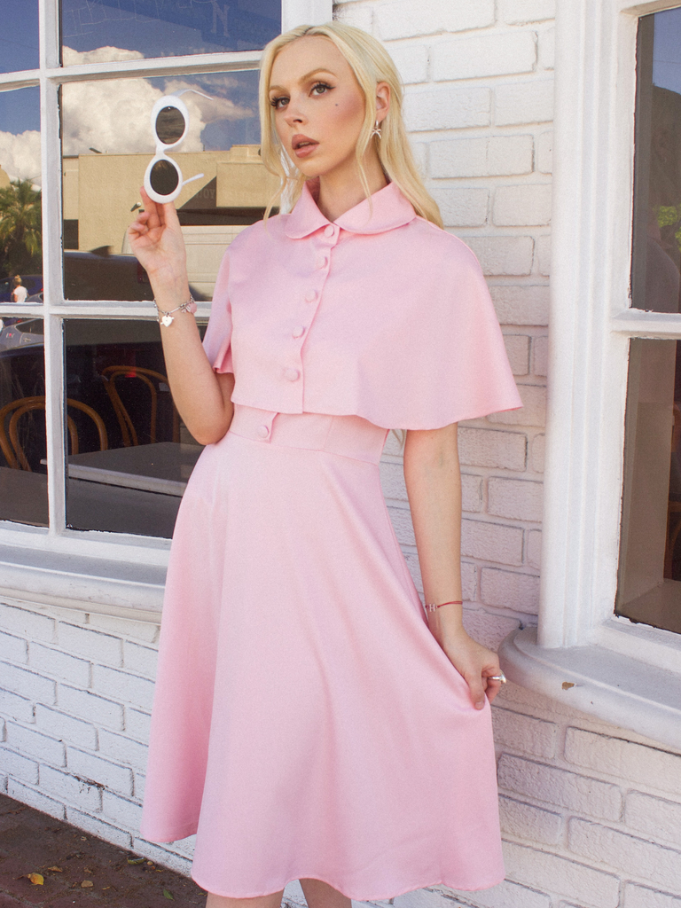 1950s Solid Lapel Capelet Dress