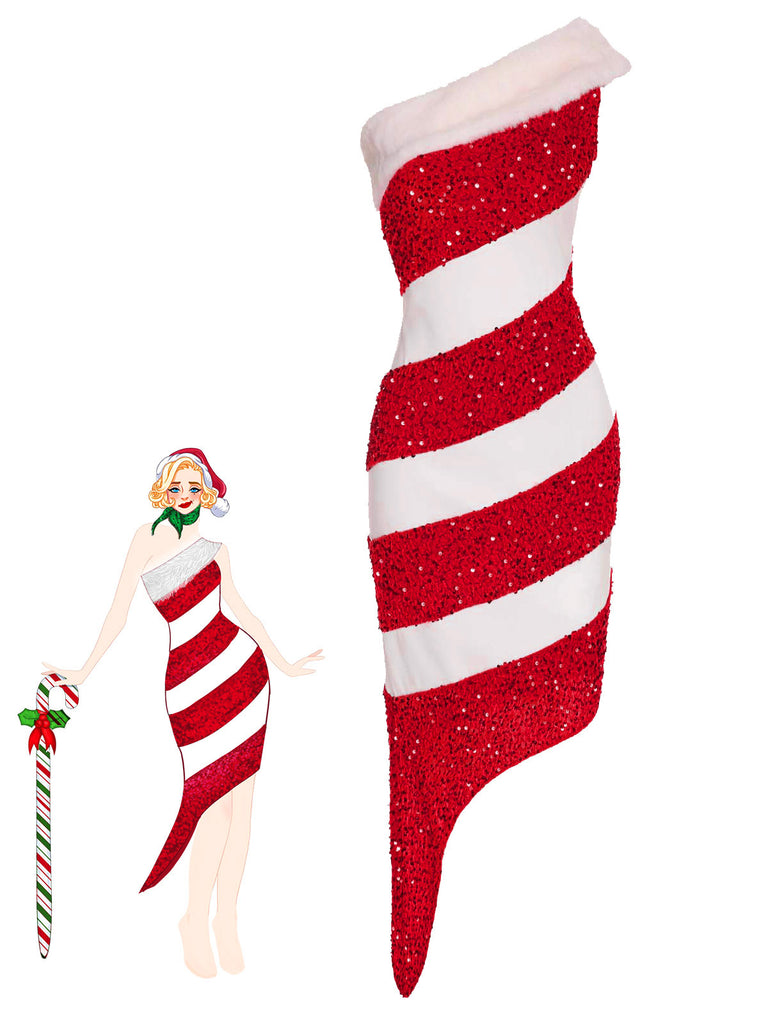 Red 1960s Candy Cane One-Shoulder Dress