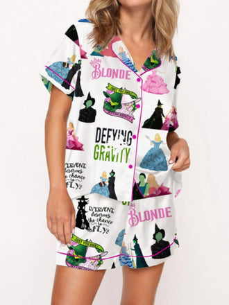 2PCS 1940s Witch Cartoon Print Button Pajama Set