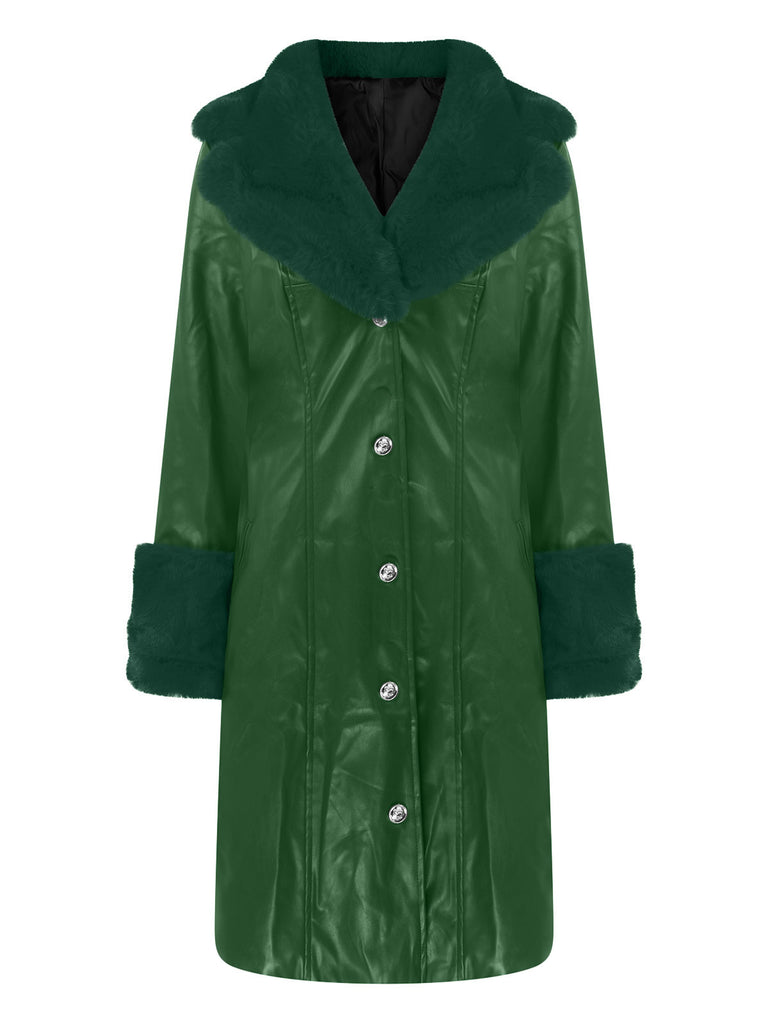 1940s Lapel Fur Collar Zip PU Leather Coat