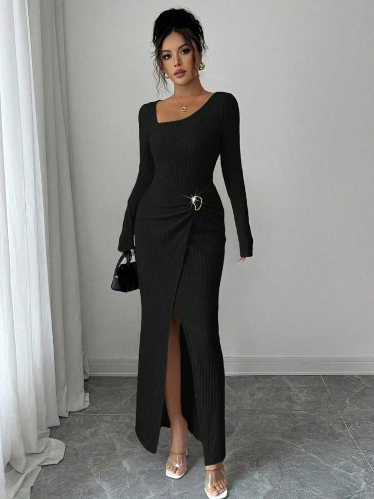 Beige 1930s Ribbed Long Sleeve Split Dress