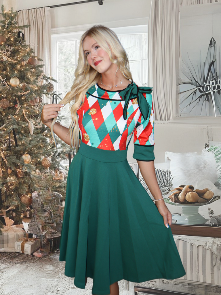 Green 1950s Christmas Plaid Patchwork Dress