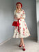 Beige 1950s Floral Half Sleeve Belted Dress